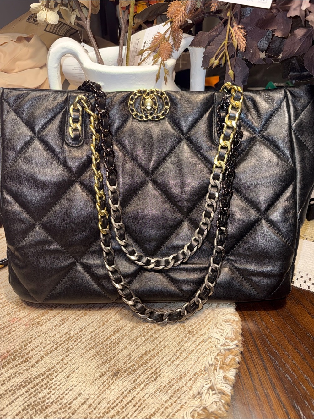 Classic Black Quilted Tote with Dual Chain Handles